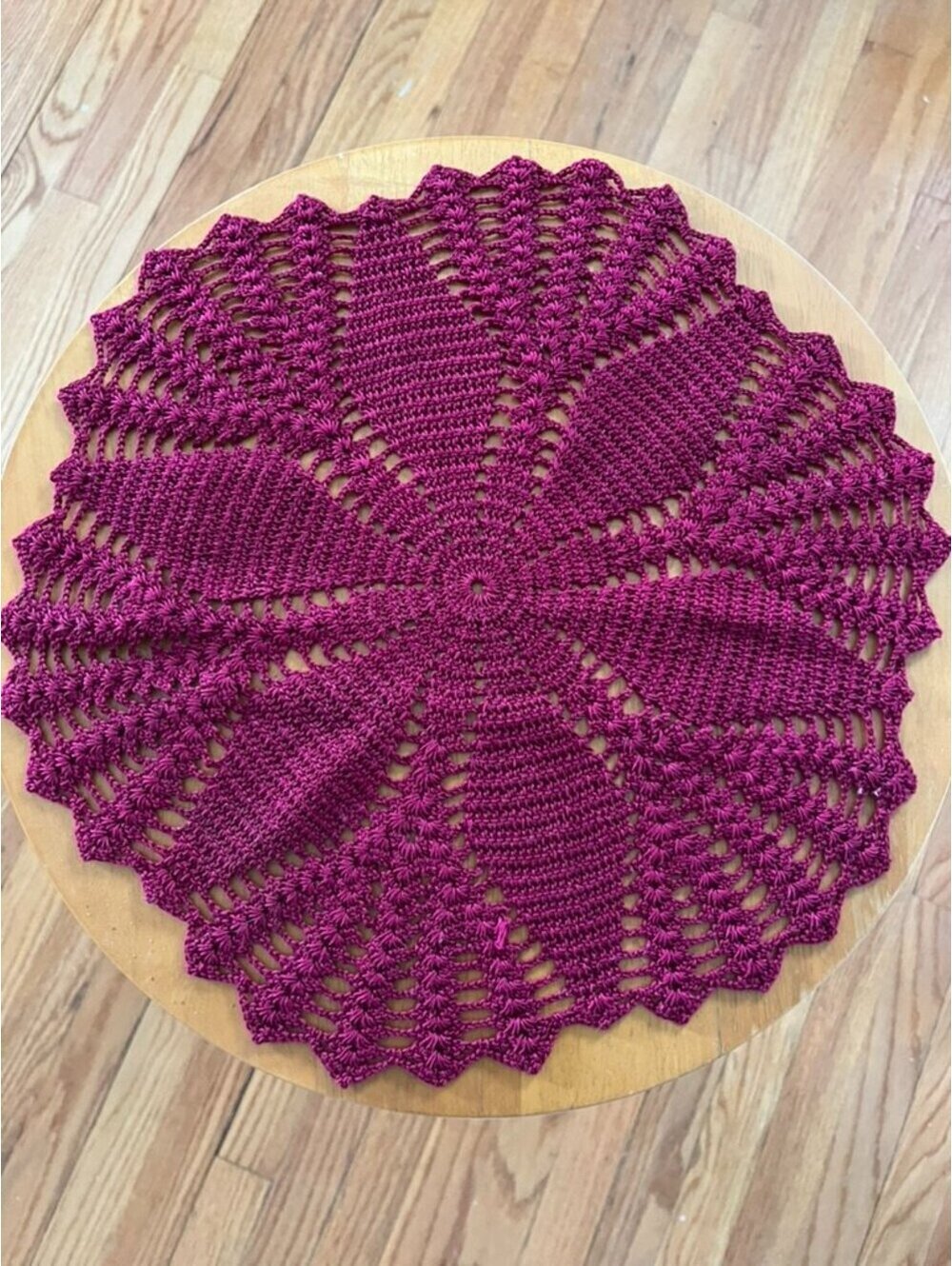 Hand Crocheted Round Doily Table Topper Berry Burgundy Lace Cottagecore 16"